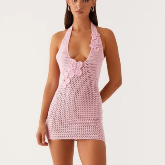 Peppermayo Exclusive - Luciana Crochet Halterneck Mini Dress - Pink - Picture 1 of 2